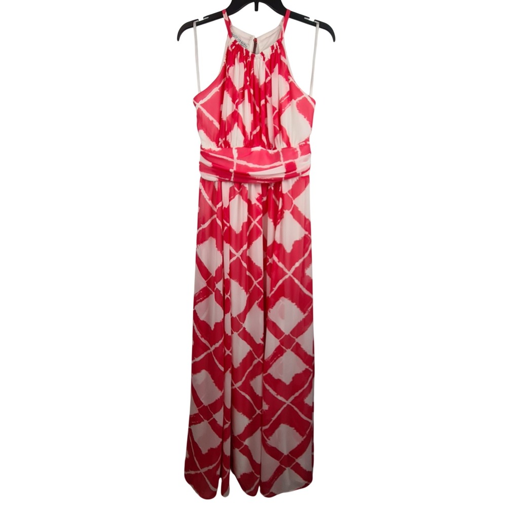 Maggy London Womens Pink White Geometric Halter Neck Maxi Dress Size 6 Lined